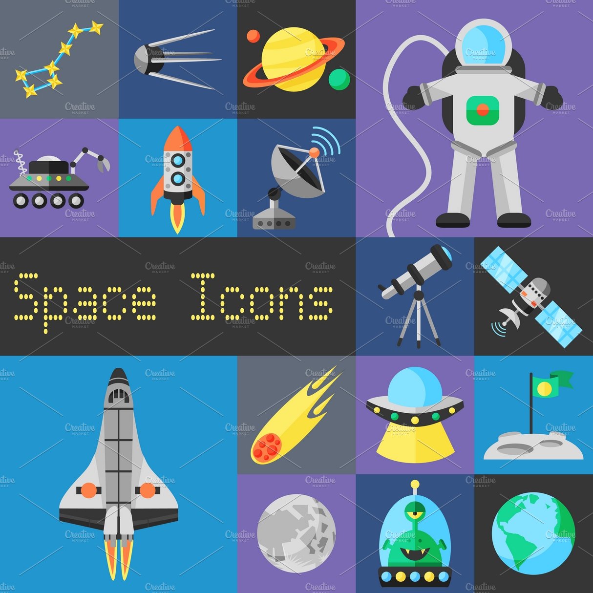 Space icons flat set cover image.