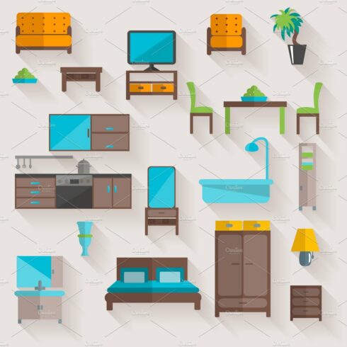 Furniture home flat icons set cover image.