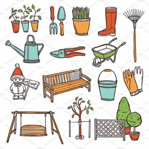Gardening tools icons set cover image.