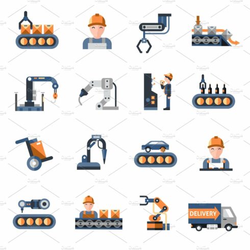 Production line industrial icons cover image.