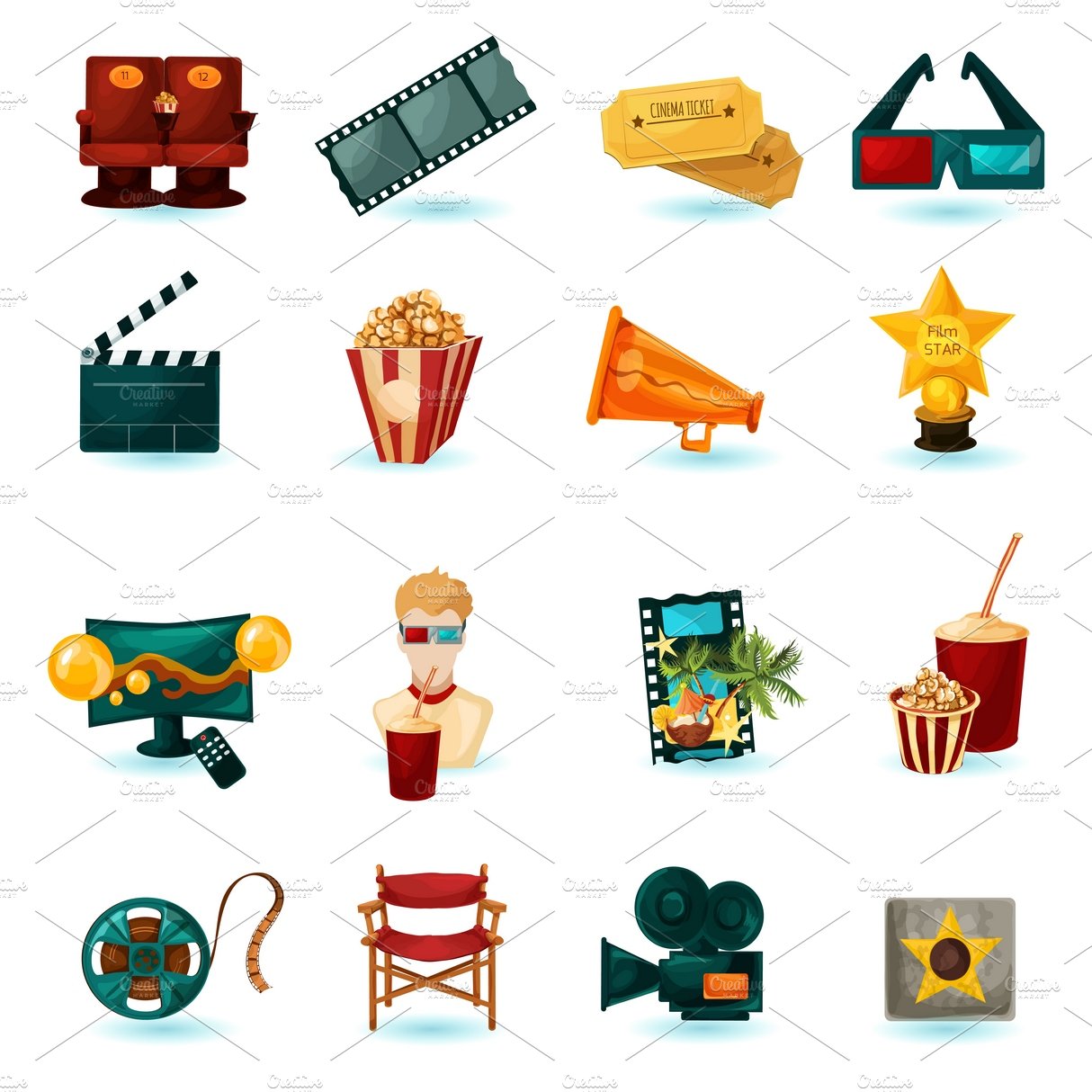 Cinema cartoon icons set cover image.