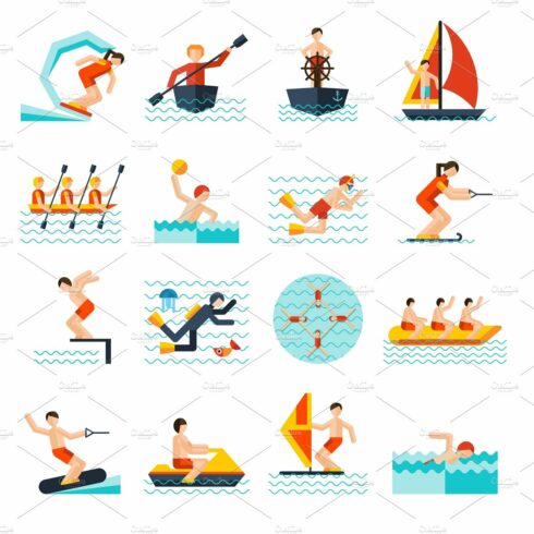 Water sports flat icons set cover image.