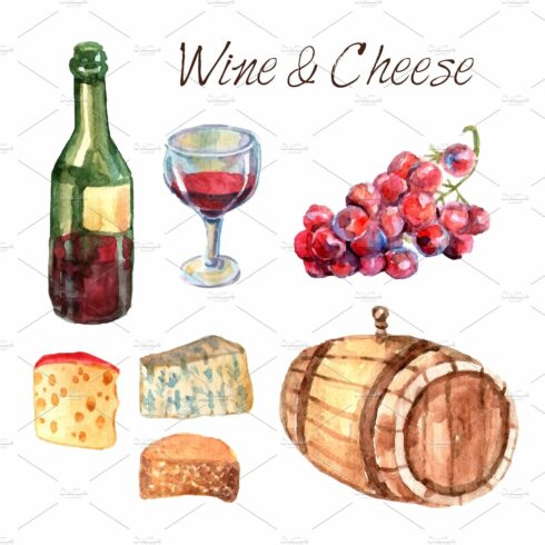Wine and cheese watercolor pictogram cover image.
