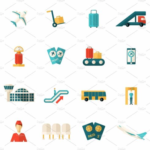 Airport icons flat set cover image.