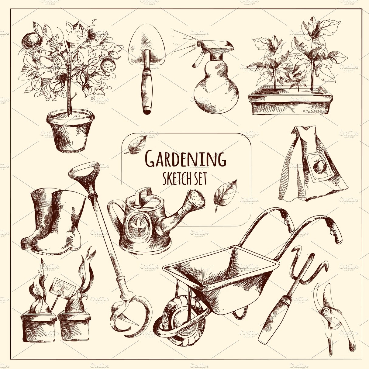 Gardening instruments sketch set cover image.