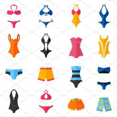 Woman swim suits flat icons set cover image.