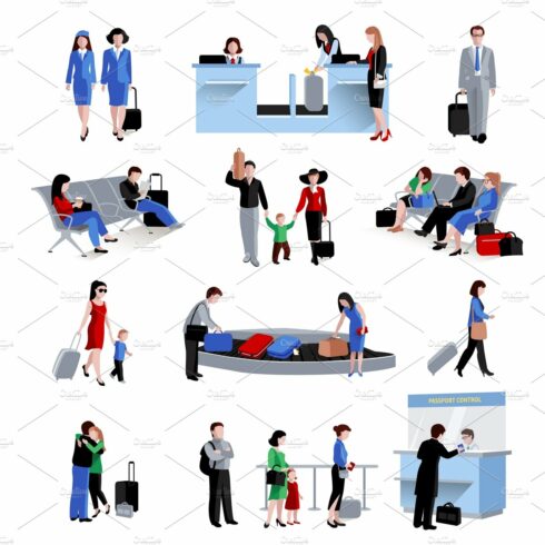 People in airport lounge icons set cover image.