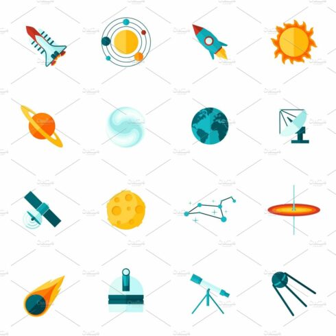 Space universe flat color icon set cover image.