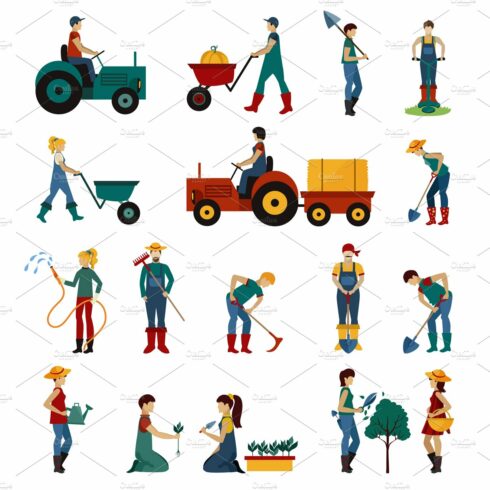Gardening people icons set cover image.