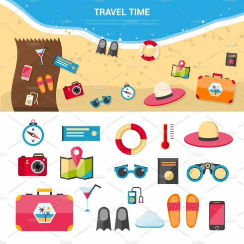 Summer vacation travel icons set cover image.