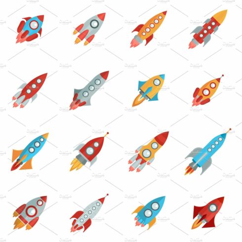 Flying bright space rocket icons set cover image.