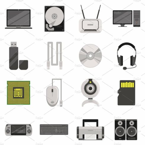 Computer components flat icons set cover image.