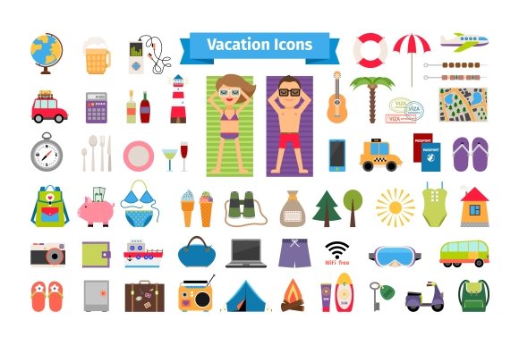 Vacation and summer rest flat icons cover image.