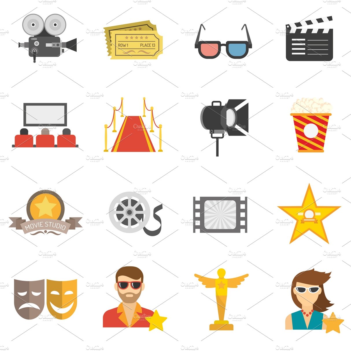 Movie icons flat set cover image.