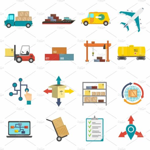 Logistics flat icons set cover image.