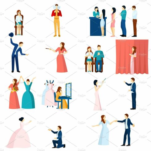 Theater acting flat icons set cover image.