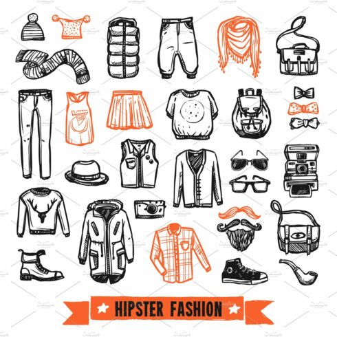 Hipster fashion clothing icons set cover image.