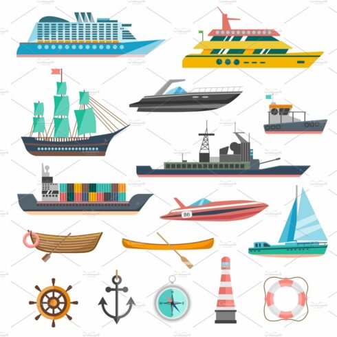 Ships yachts and boats icons set cover image.