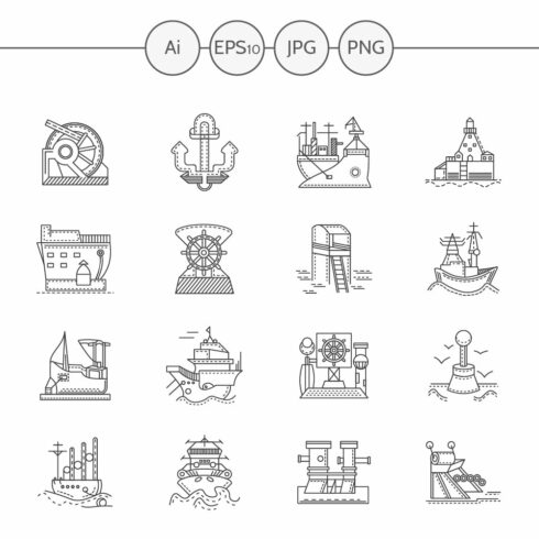 Ships and port flat line icons cover image.