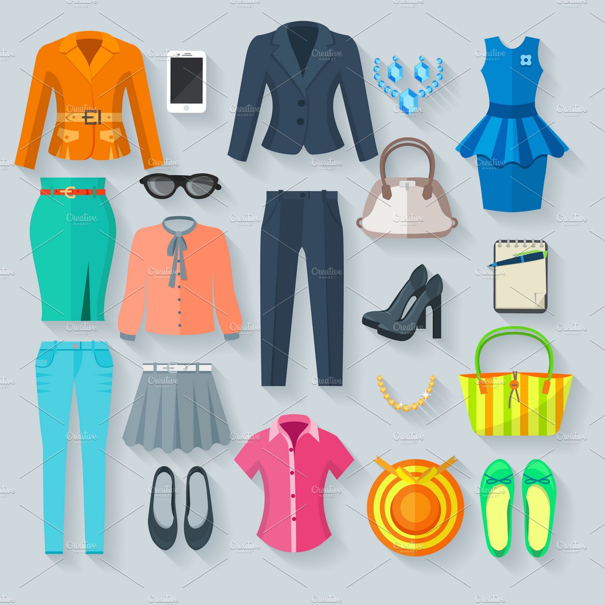 Woman clothes collection icons set cover image.