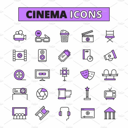 Movie theater cinema icons set cover image.