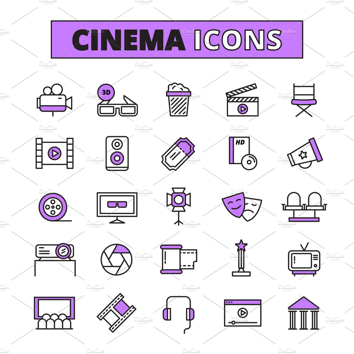 Movie theater cinema icons set cover image.
