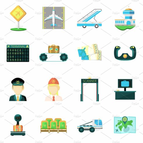 Airport flat icons set cover image.