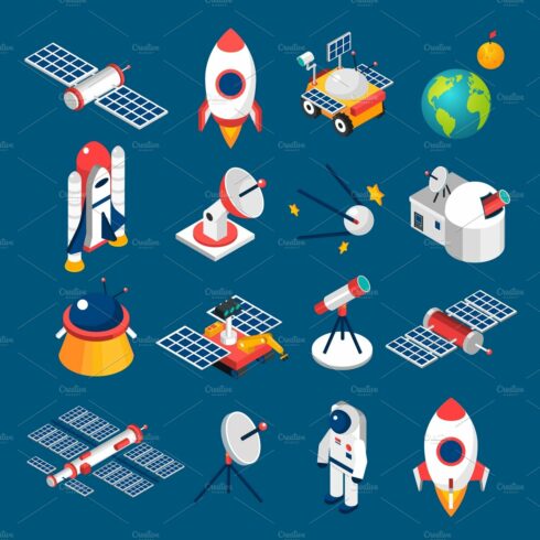 Space isometric icons cover image.