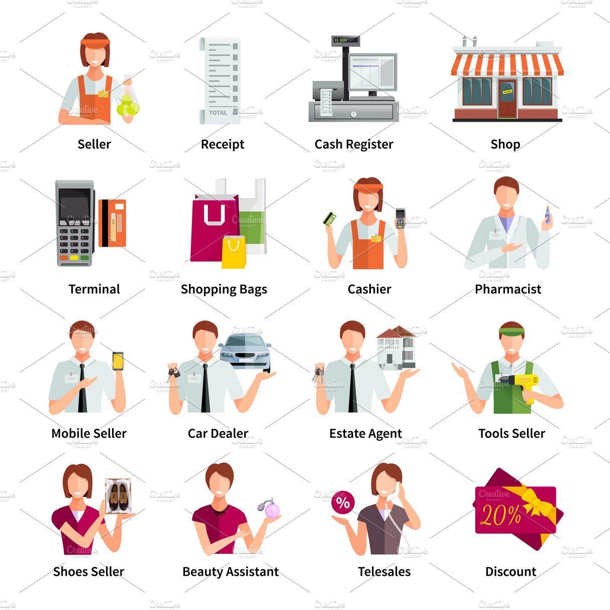 Salesman flat color icons set cover image.