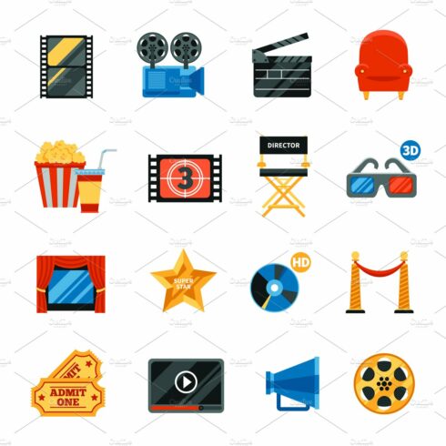Decorative flat cinema icons set cover image.