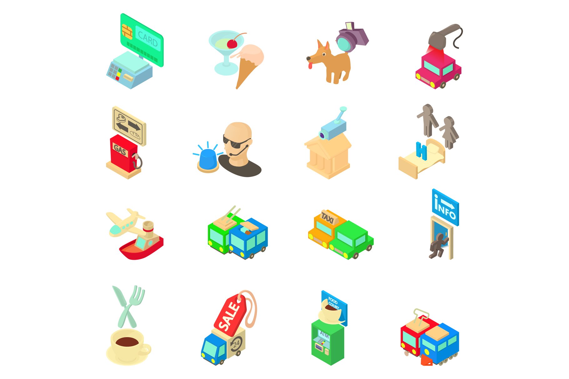 Travel purchase icons set, isometric cover image.