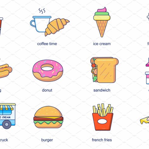 Fast food concept line icons set cover image.