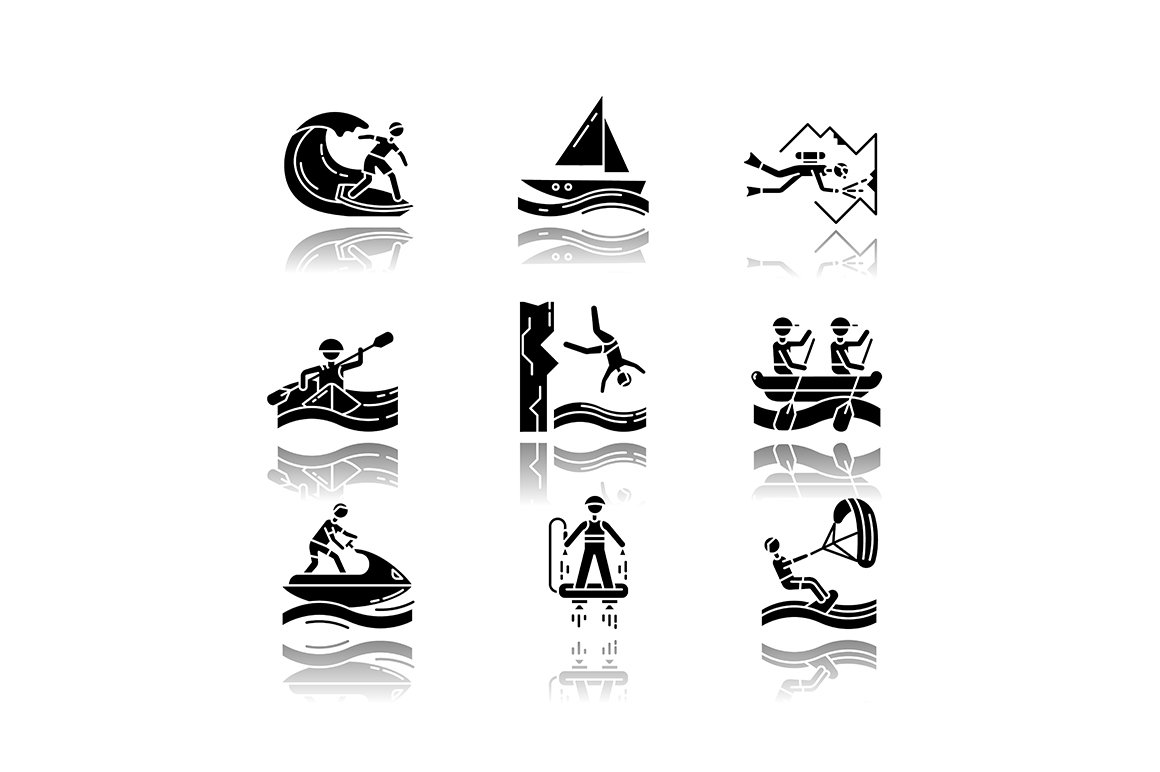 Watersports drop shadow black icons cover image.