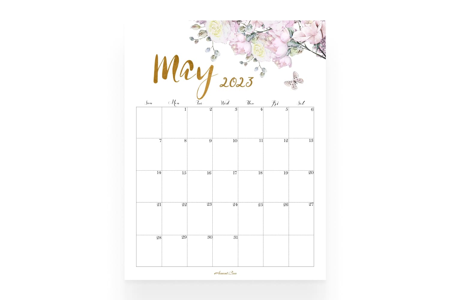 May calendar with white background and illustration with flowers on top.