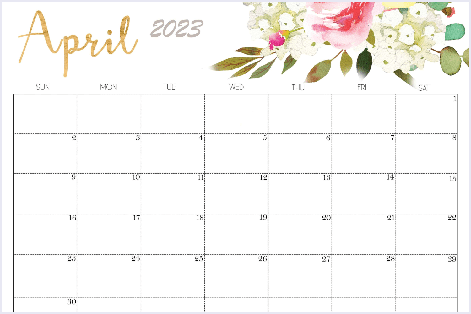 Calendar for April with gorgeous floral designs and ample space.