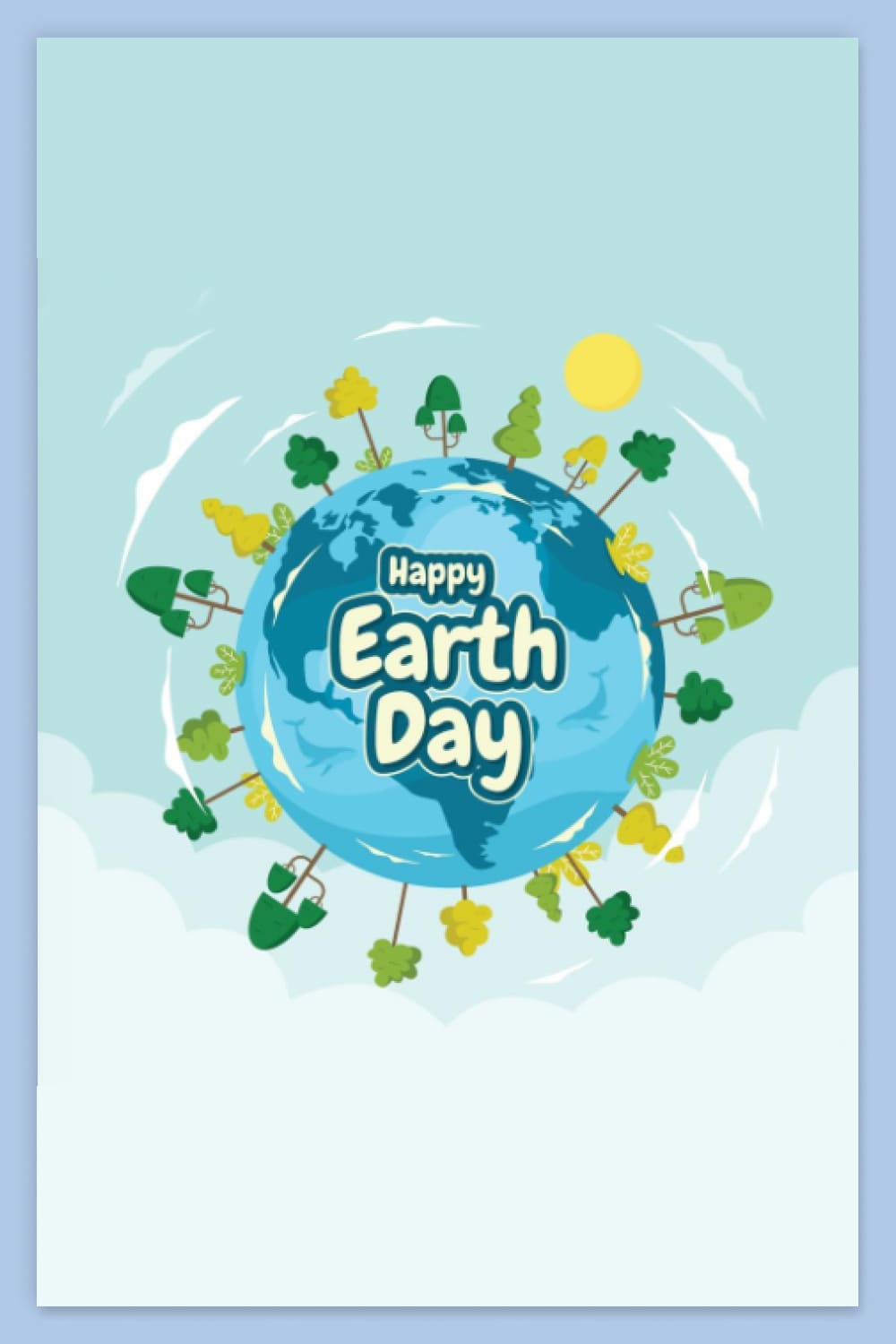 Drawing of the planet Earth with trees on it and the inscription Happy Earth Day.