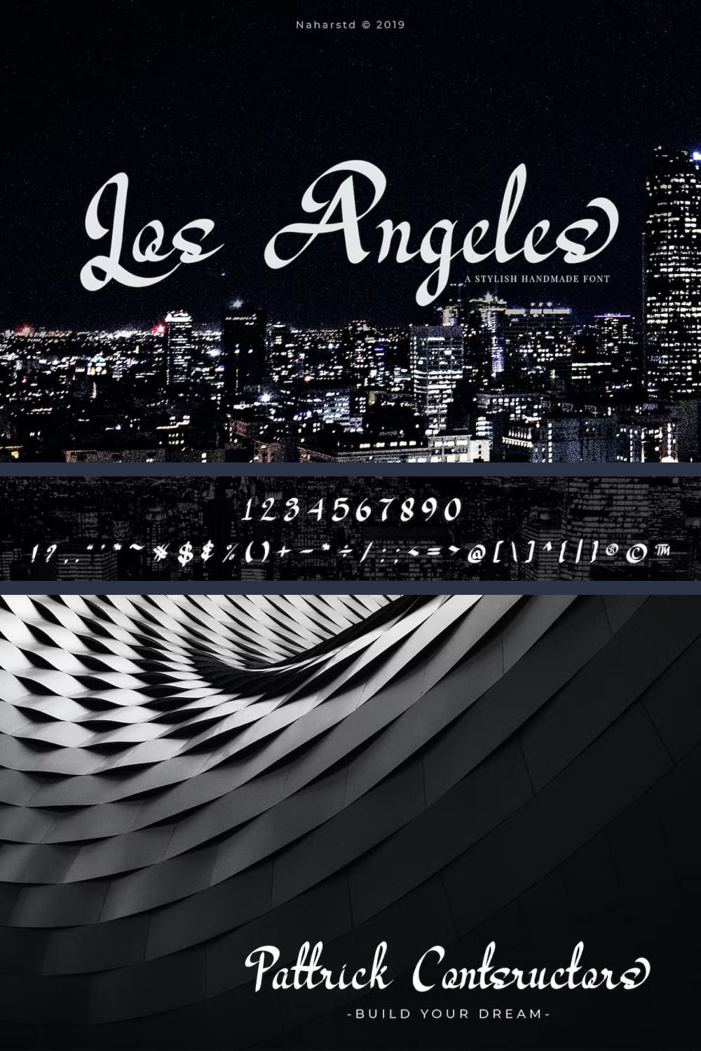 An example of a font in white against the background of a night city.