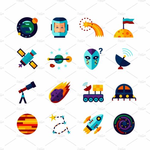 Space symbols flat icons cover image.