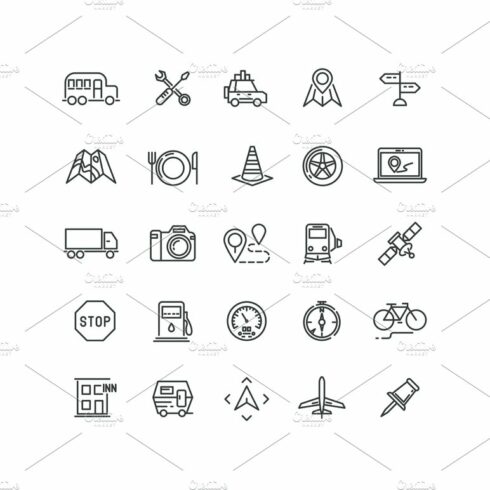 Travel and location line icons cover image.