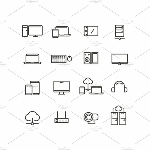 Computers and devices line icons set cover image.