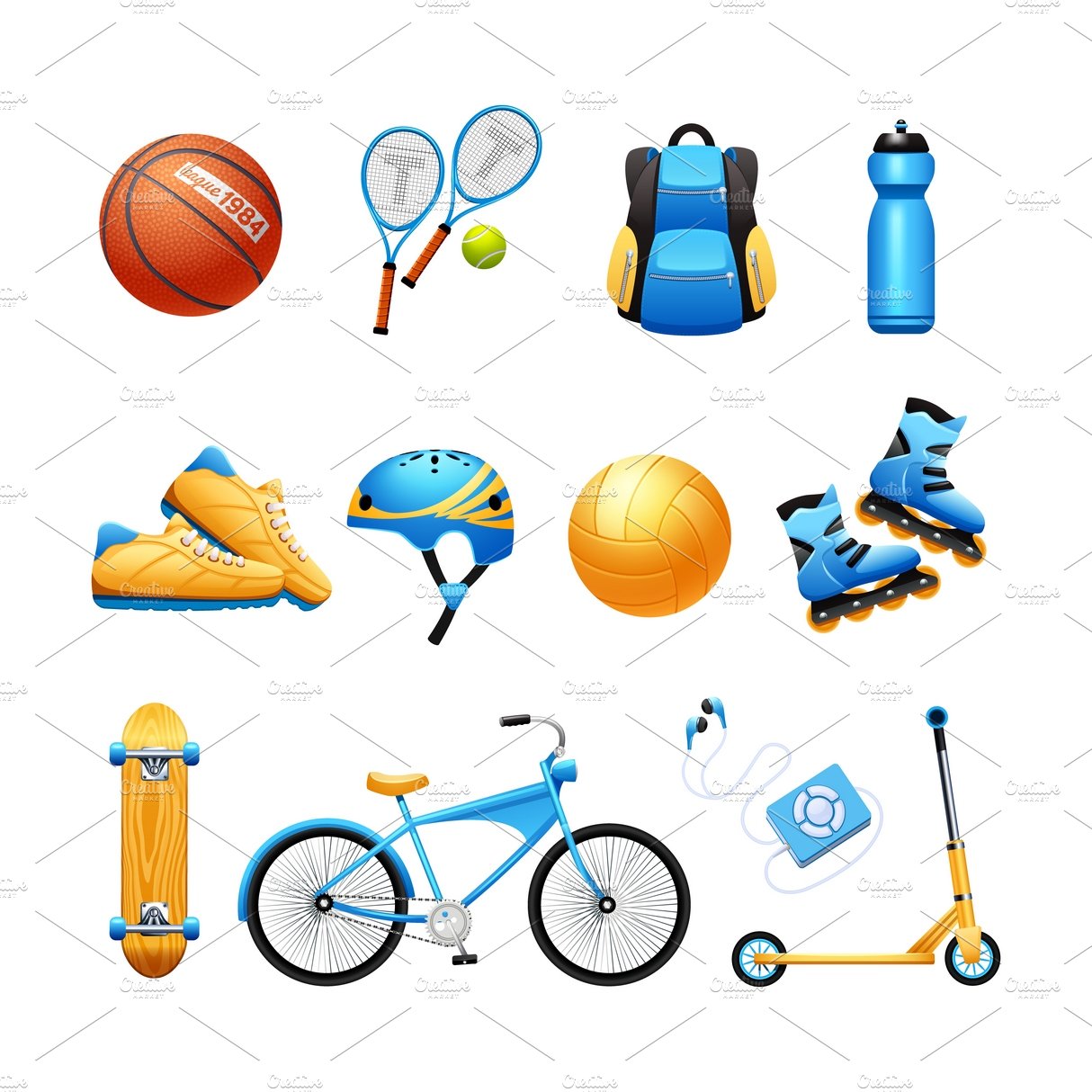 Summer sport equipment flat icons cover image.