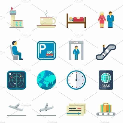 Airport flat vector icons cover image.