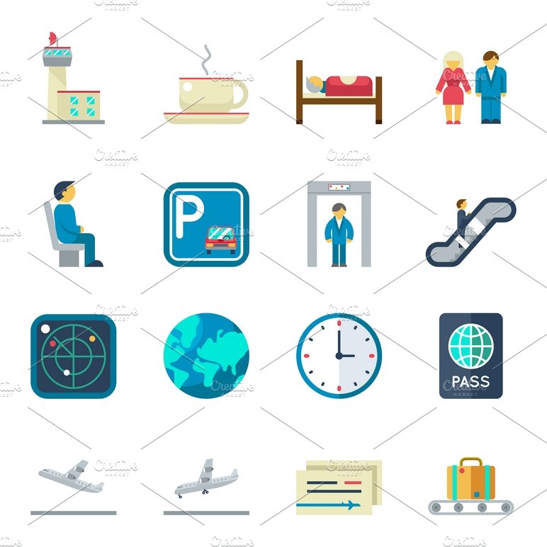 Airport flat vector icons cover image.