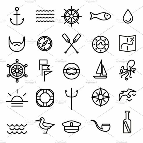 Nautical and sea line icons set cover image.