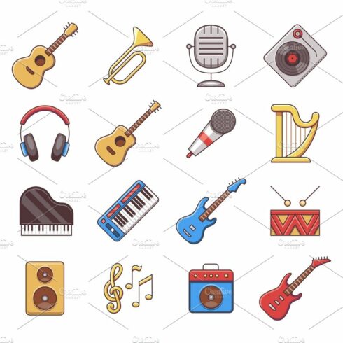 Music instruments color flat icons cover image.
