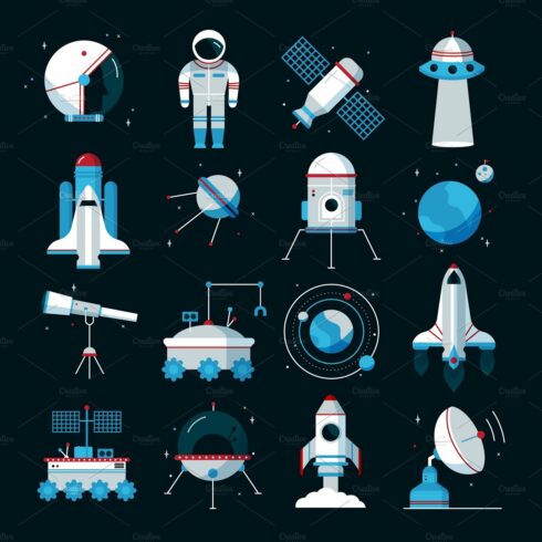 Spacecrafts equipment icons set cover image.