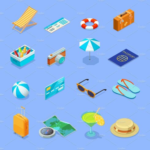 Summer vacation isometric icons cover image.