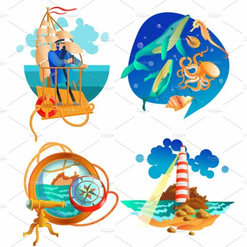 Nautical sea symbols flat icons set cover image.