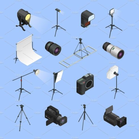 Photo studio isometric icons set cover image.