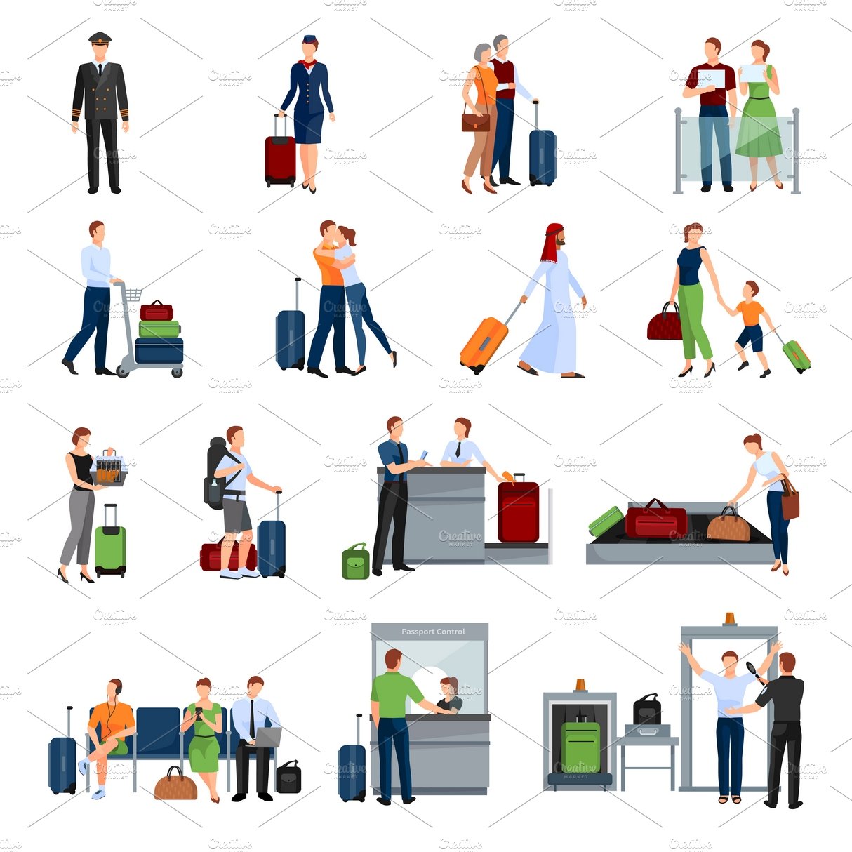 People in airport flat color icons cover image.
